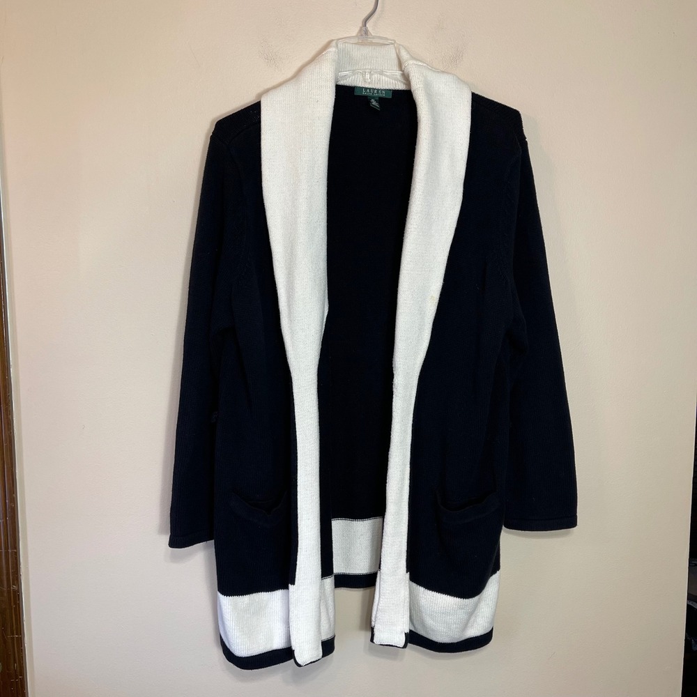 Lauren Ralph Lauren Black Cream‎ Colorblock Shawl Collar Cardigan 3X Womens
